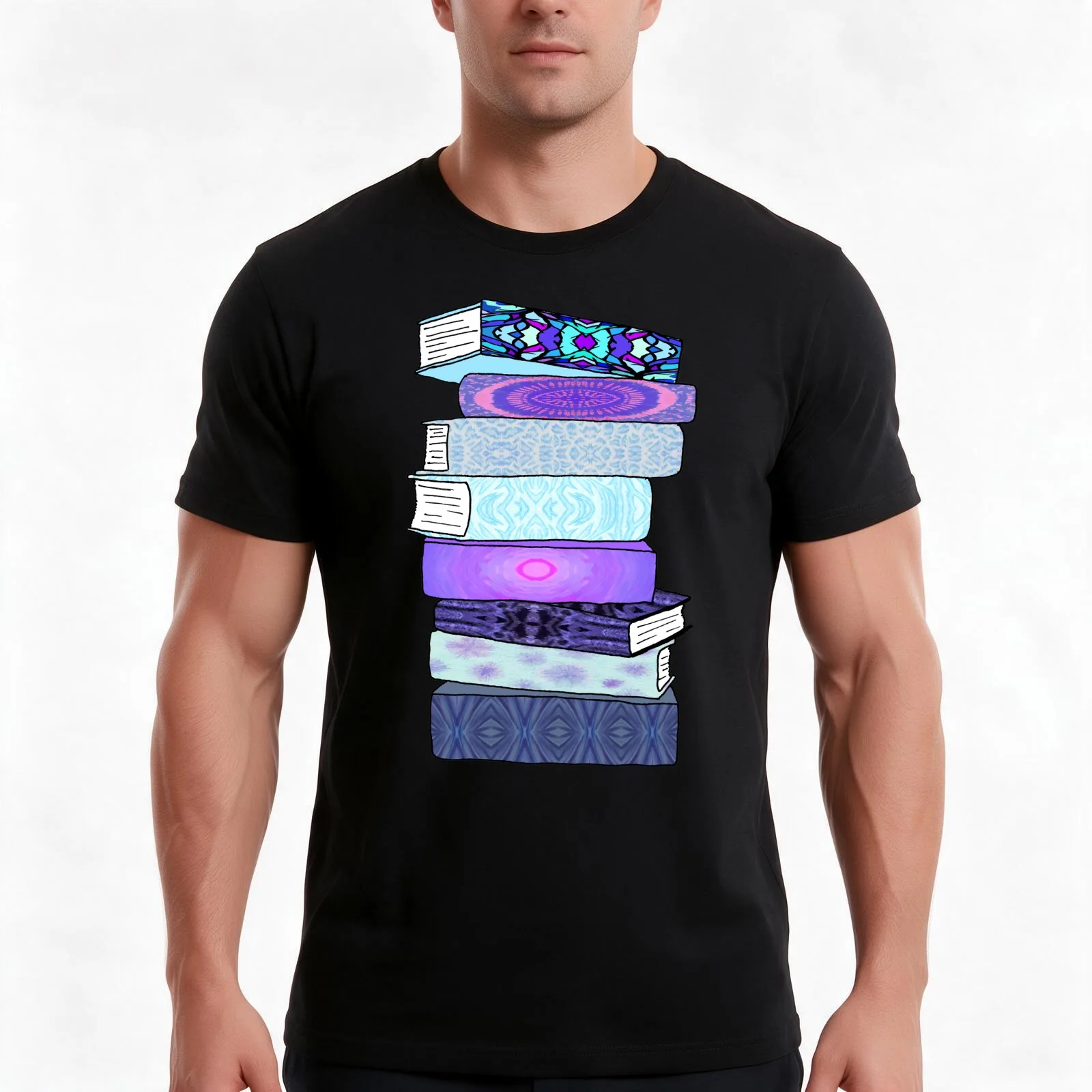 Stack of Blue Books T-Shirt, Summer Casual Cotton Tee, Oversized Streetwear Tops, Vintage Graphic Print, Loose Fit Short Sleeve