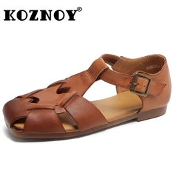 Koznoy 2cm Sandas Weave Genuine Leather Rubber Women Boots Comfortable Hollow Ankle Hook Flats Breathable Oxfords Summer Shoes