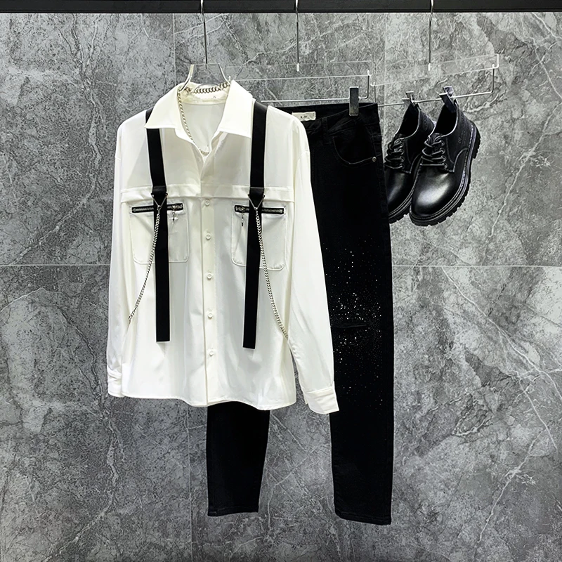 

Metal Chain Long Sve Loose Fit Men's irt Faionable Workwear Personali Design Versatile Casual irt Youth Trend