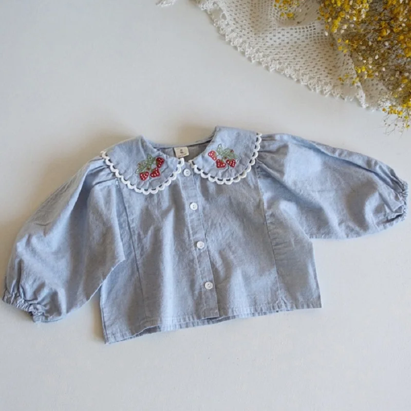 0-3Years Princess Girls Shirt Long Sleeve Peter Pan Collar Strawberry Embroidery Cotton Blouse Tops Outfit Spring Autumn Clothes