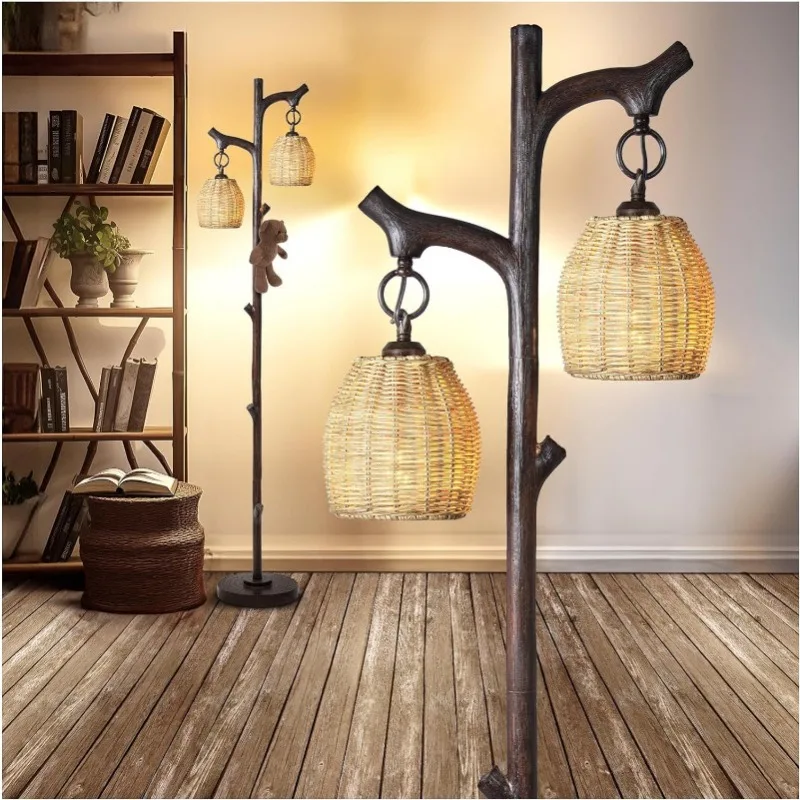 Imagem -05 - Rústico Industrial Farmhouse Standing Lâmpada de Assoalho com Lanterna Árvore Tronco Coluna Corpo Lâmpada Bronze Madeira Acabamento Decoração Alta