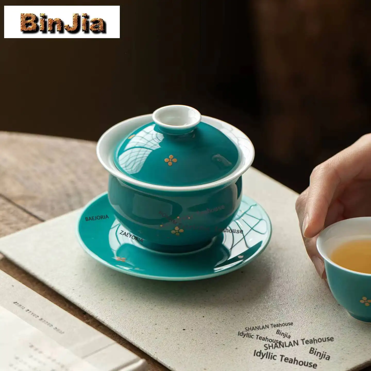 Turquoise Green Sprinkle Gold Gaiwan Zen Tea Tureen Household Tea Bowl With Lid Kit Tea Making Cover Bowl For Tea Ornaments Gift