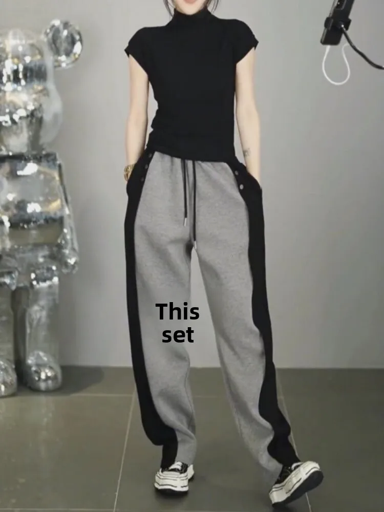 Gray Wide Leg Pants Women's Spring Autumn New Color Collision Design Sports Loose Slimming Casual Straight Leg Sweatpants