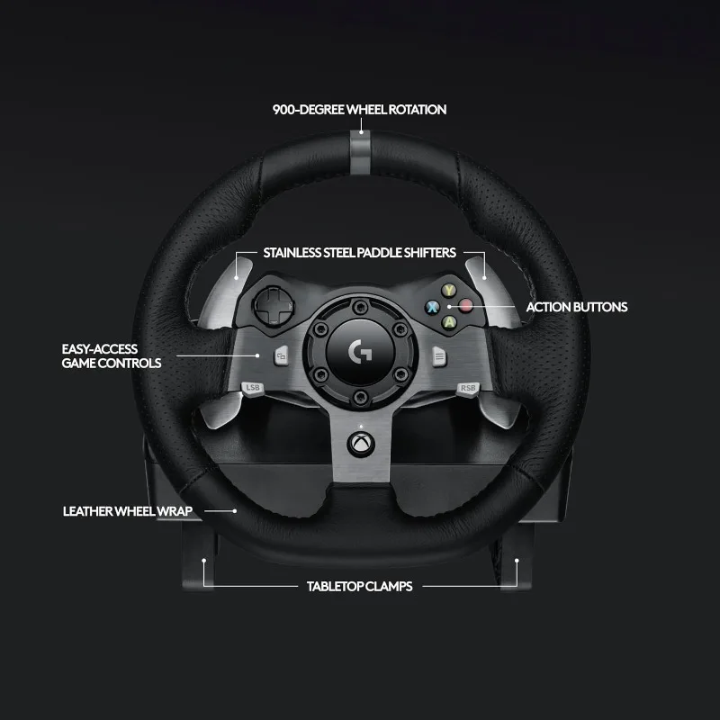 Logitech G920 Roda de corrida de força motriz e pedais de piso, feedback de força real, palhetas de aço inoxidável, couro