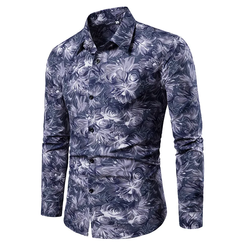 Men's Stand Collar Floral Print Shirt Top Printed Cardigan Long Sleeve Casual Button-Up Slim Fit Clothing for Men