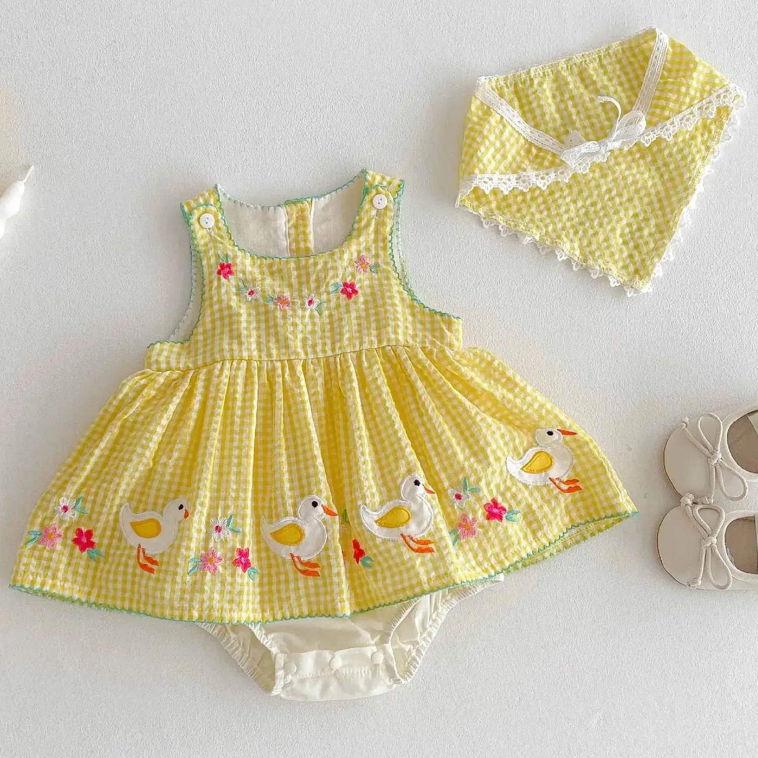 誕生日新生児夏衣装ノースリーブかわいい刺繍アヒルロンパースドレスヘッドバンド付き女の赤ちゃん用ワンピースパーティー衣装
