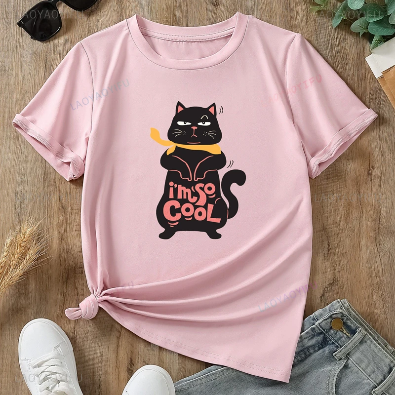 Cute naughty lazy cat charming stylish ladies shirt Spring summer short sleeved delicate clothing Fun casual cotton T-shirt