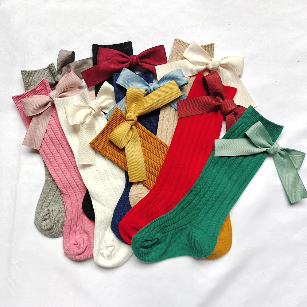 

New Kids Girls Knee High Long Sock Cotton Soft Baby Socken Striped Children's Socks Big Bows Princess Girls Boot Sock