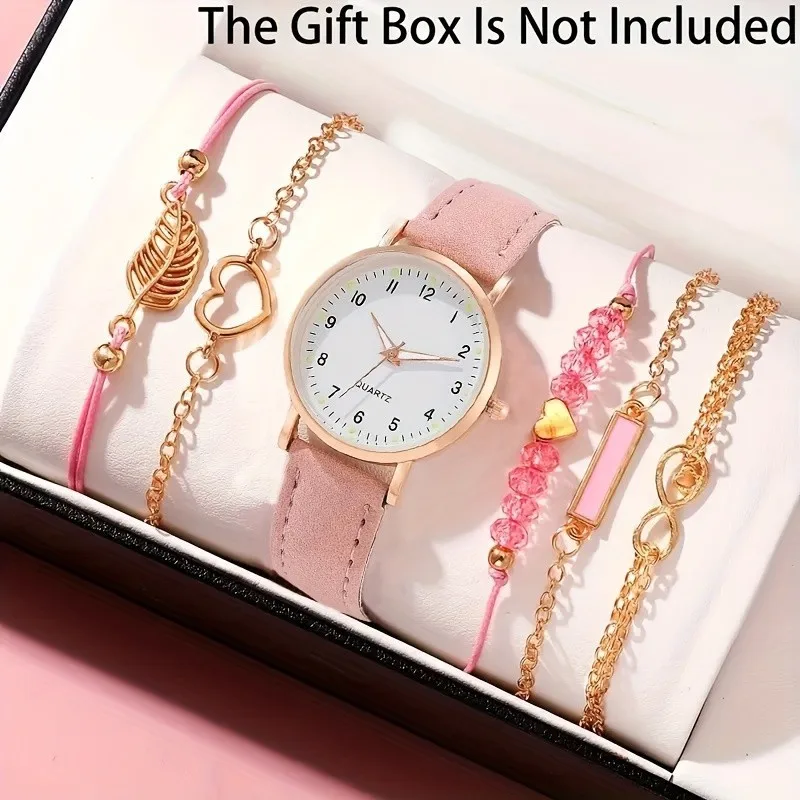 

Kegllect 6pcs New Pink Women's Round Dial Quartz Watch & Bracelets Set Gifts for Women Her NO BOX