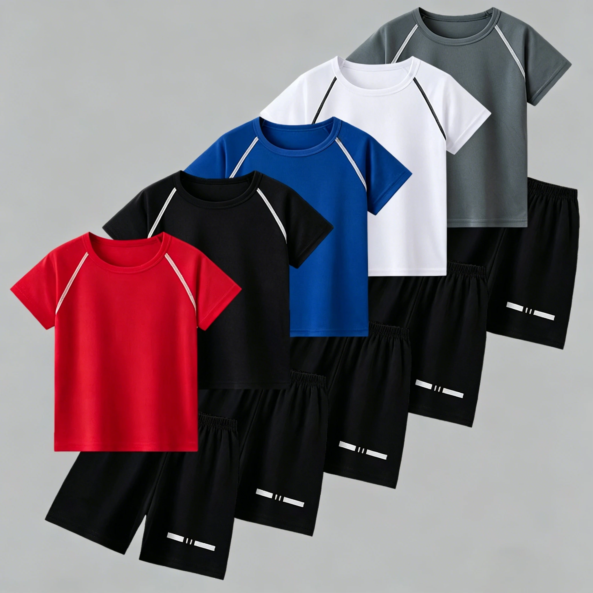 2-Piece Summer Multi-Color Quick Drying Breathable Mesh Short-Sleeved Shorts Set for Boys and Girls Casual Sports White Border T