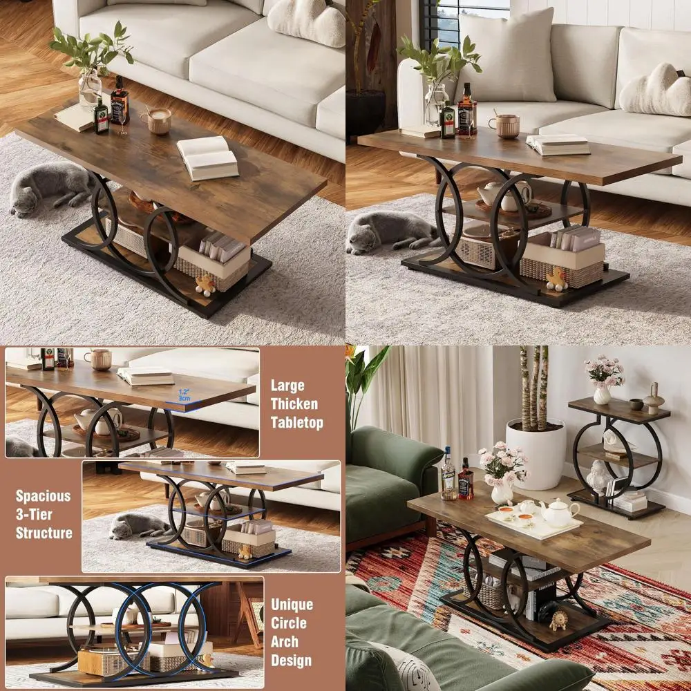 

Industrial 3-Tier Farmhouse Coffee Table with Storage, Rectangular Wooden & Metal Frame, Brown (47 Long)
