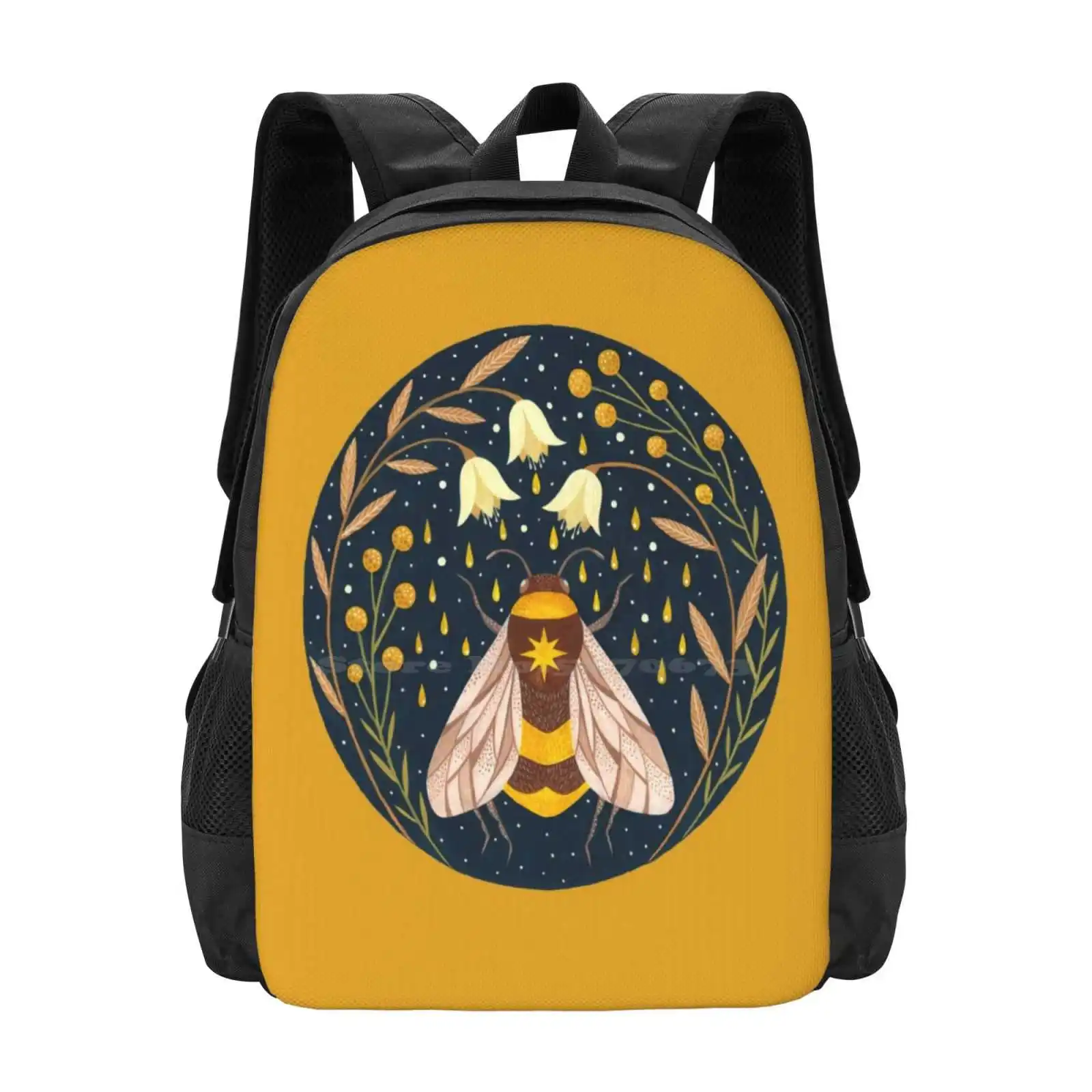 Harvester Of Gold Fashion Pattern Design Travel Laptop School Backpack Bag Gouache Honey Insects Gold Flowers Floral Bloom