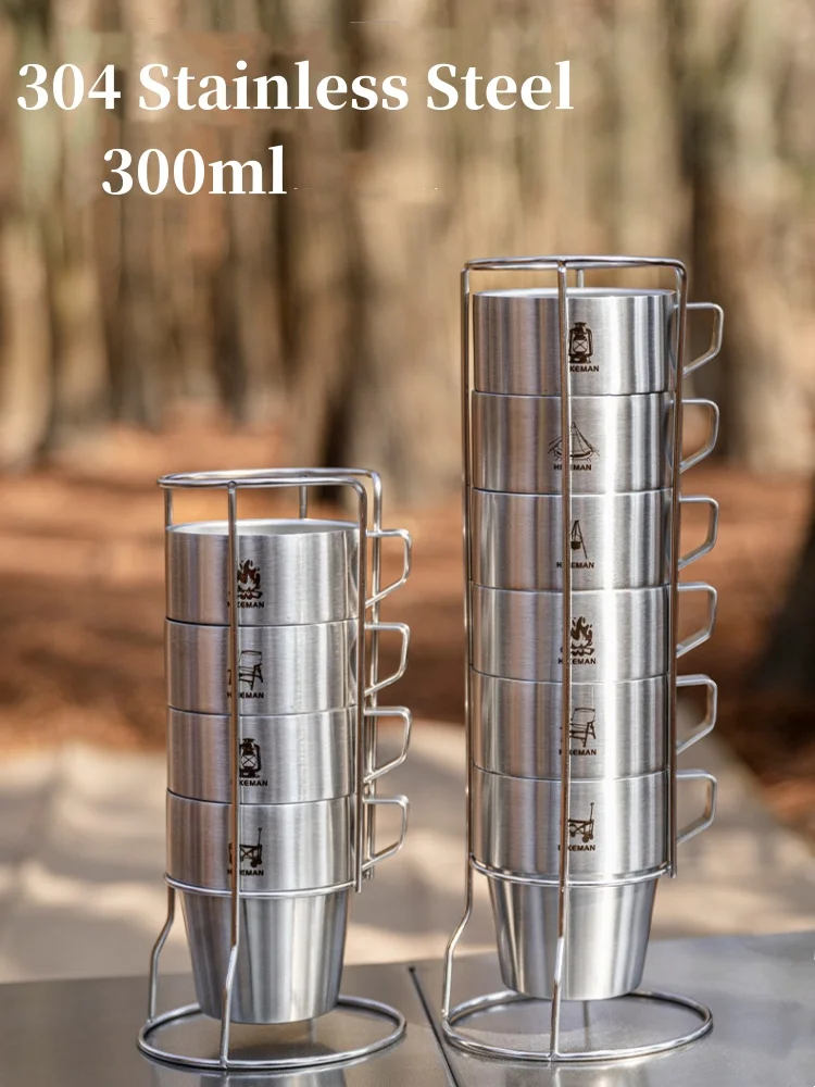 Portable 304 Stainless Steel Camping Coffee Cup Outdoor Camping Water Cup With Handle 300ml Double Layer Anti-Scalding Water Cup