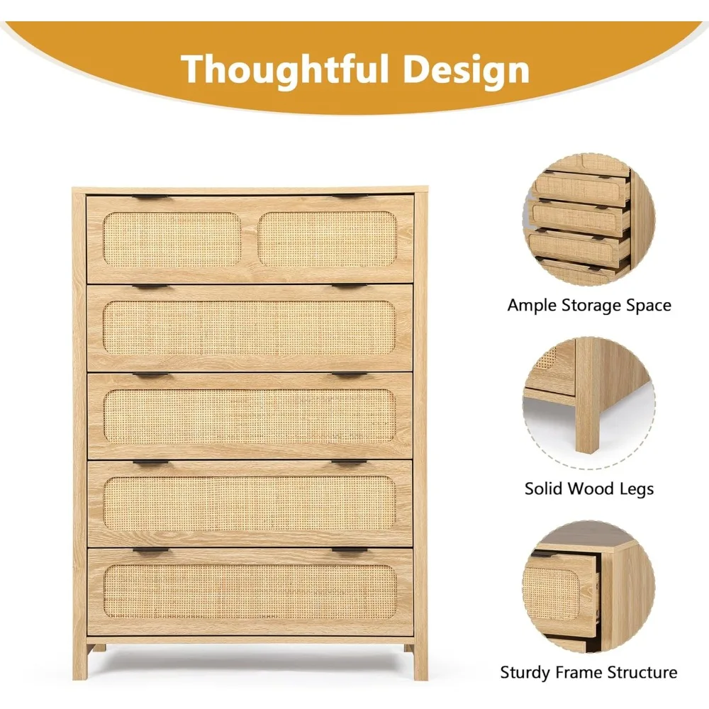 خزانة غرفة نوم ذات 5 أدراج مع مساحة تخزين واسعة، وخزانة منضدة من الروطان لغرفة النوم وتخزين المدخل #6