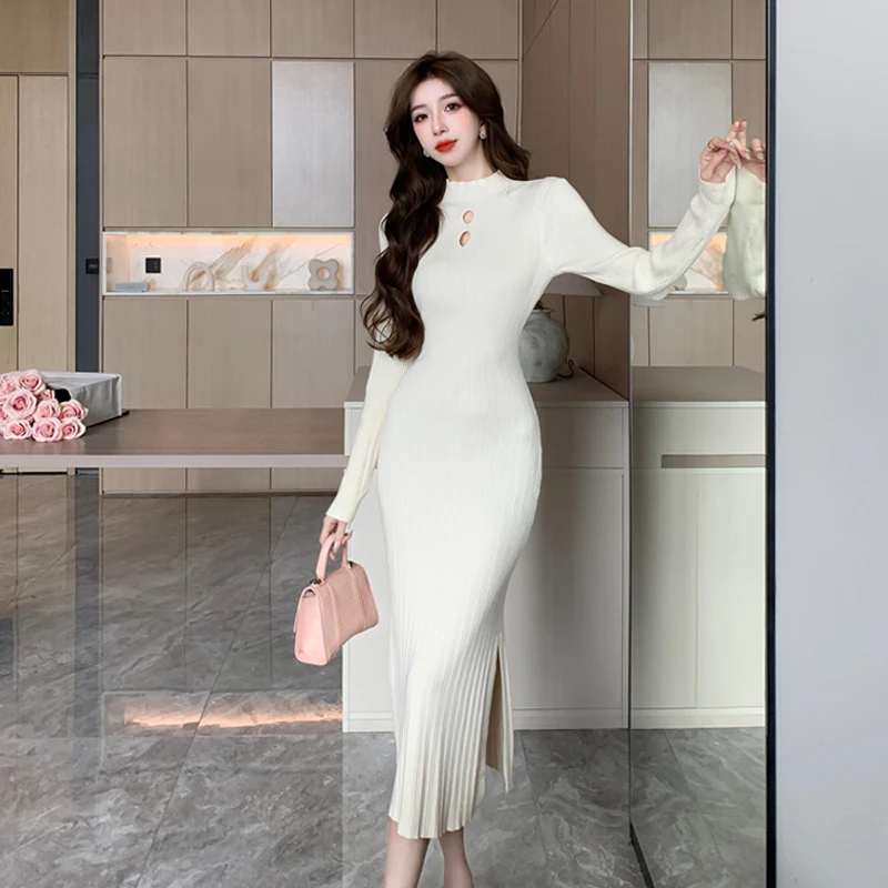 

Women Half High Collar Split Hem Knitted Dress Autumn Winter Temperament Hollow Out Sexy Slim Wrap Buttocks Long Skirt 2023 New