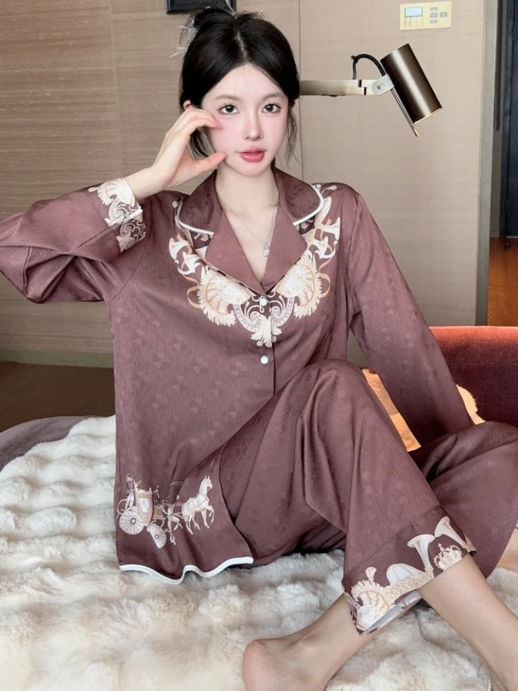 

2024 Spring New Ice Silk Pajamas Women's Retro Chinese Style Long Sleeved Long Pants 2-Piece Set Light Luxury Home Clothing