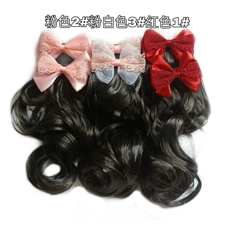 Korean- children's wig, ponytail with side double braids, long curly , princess-style bow hair clip, available in
