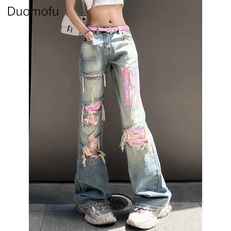 

Duomofu Vintage Blue Ripped Baggy Jean Women Denim Trousers 2000s High Waist Y2k Streetwear Female Wide Leg Pants Female Clothes