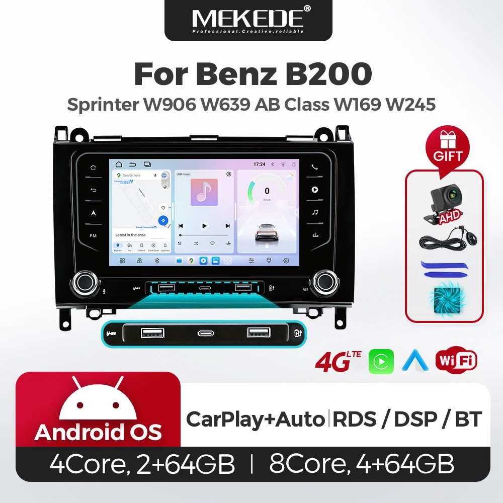 Android 2 DIN Car Radio for Mercedes/Benz/W169 W245 W639 W906 Sprinter B160 B170 B200 Carplay TouchScreen Knob USB Type-c NO DVD