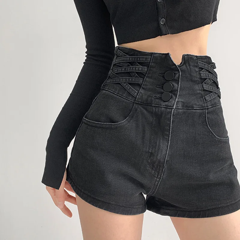 Spodenki damskie letnie jeansowe z wysokim stanem wzór w krzyże koreańskie gorące dziewczyny proste pasujące popularne Retro a-line Slim Chic