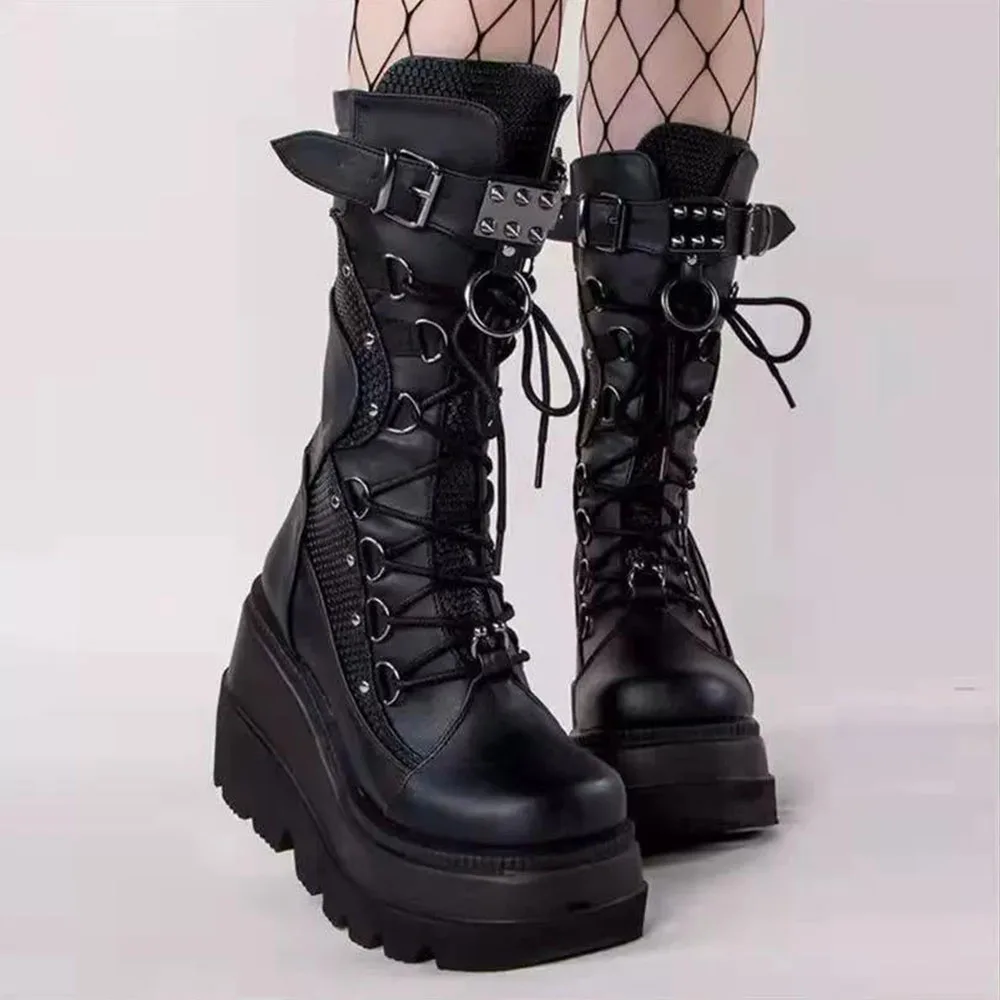 GIGIFOX Winter Sale Punk Halloween Witch Cosplay Platform High Wedges Heels Black Goth Chunky Boots Women Shoes Big Size 43