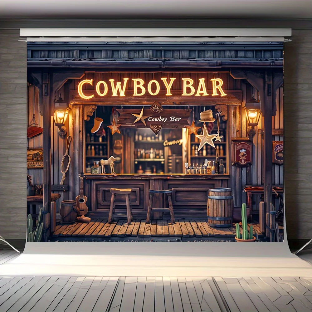 1pc, retro western bar background banner - Homer themed party decoration, including wooden bar, wheel bucket, and stool