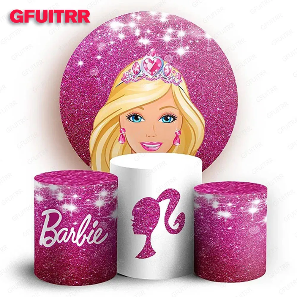 Barbie Princess Round Backdrop Kid Birthday Decoration Party Pink Photography Background Cylinder Cover Baby Shower Prop