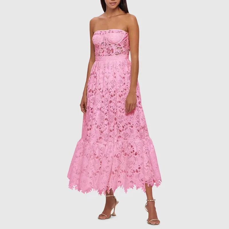 

Elegant Style Solid Color Strapless Long Dress 2025 New Niche Design Embroidered Hook Pattern Waist Slimming Dress Women