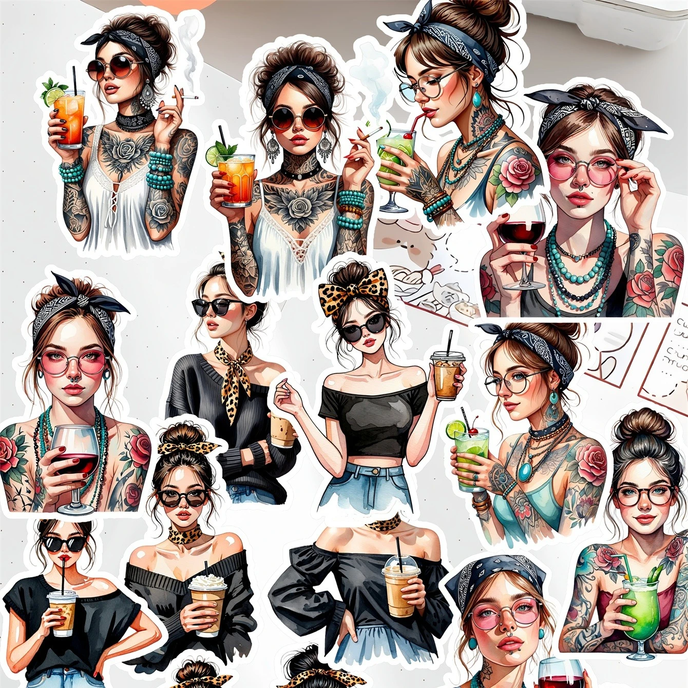 18Pcs DIY Fashionable Beauty, Bad Cool Tattoo Girl Stationery Stickers with Hand-Drawn Daily Life, Planner, Journal Decoration