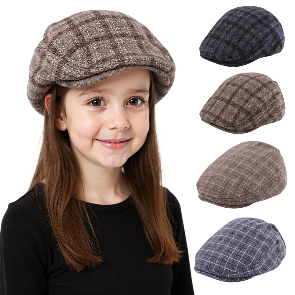 

Autumn Winter British Retro Grid Children's Beret Kids Painter Hat Baby Hat for Boys and Girls Outdoor Travel Toddler Warm Cap