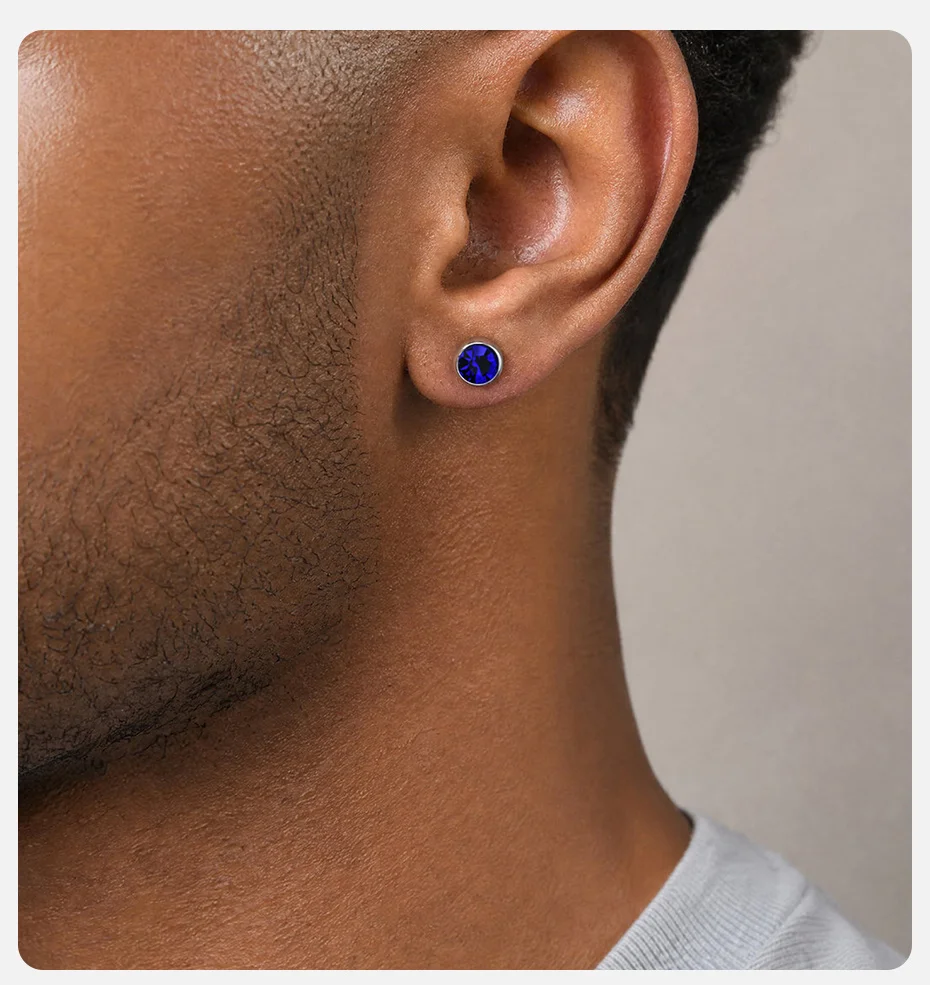 Vnox Herren-Ohrstecker mit rundem Zirkonia-Einsatz, 8 mm, aus Edelstahl, mit blauem, klarem Zirkonia, hypoallergener Piercingschmuck. – Detail 2