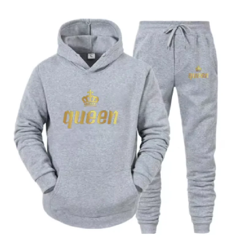 

Fashion Long Sleeves KING And QUEEN Printed Hooded Suits Autumn Winter Couple Hoodie Pants 2-Piece Suit Men's Tracksuit