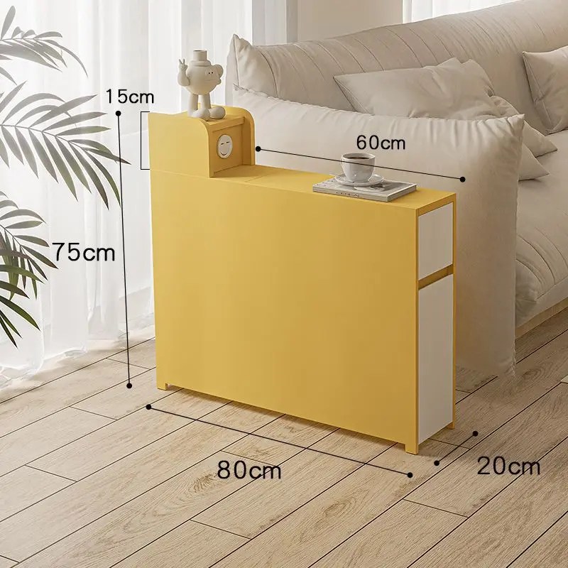 Light luxury sofa side cabinet, solid wood living room with smiling charging socket, simple modern narrow storage cabinet
