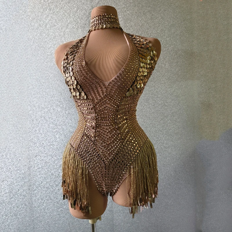 

Full Gold Rhinestones Bodysuit Sexy Big Stones Fringes Outfit Women Nightclub Party Gogo Dancer Costume Festival Wear XS6004