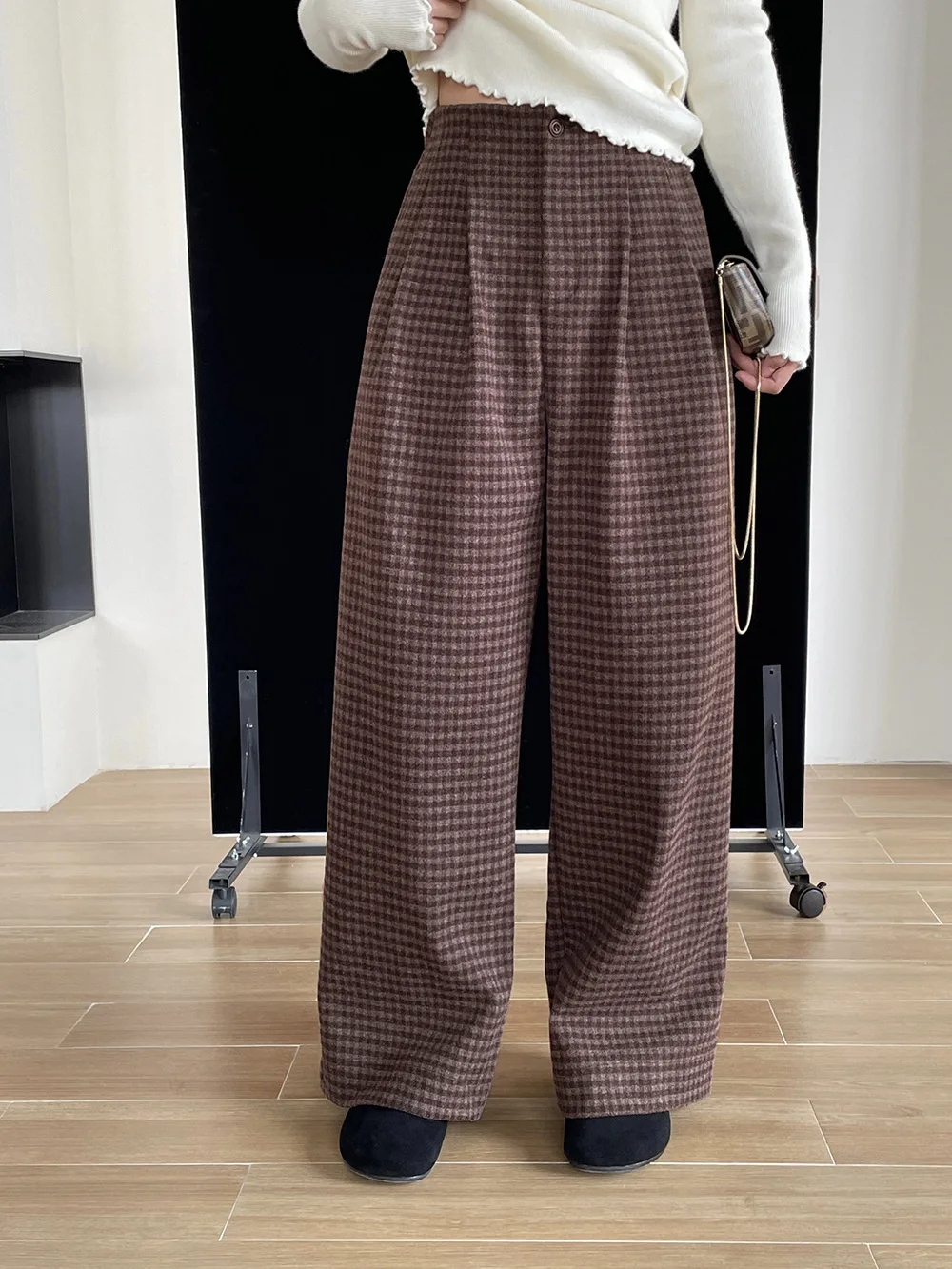 Plaid Woolen Pants Women Elastic Waisted Straight Leg Pant In 2024 Winter