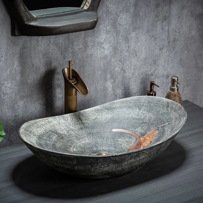 for Outdoor Washbasin Integrated Courtyard Bathroom Brown Lotus Floor Column Basin Ceramic Column Washbasin
