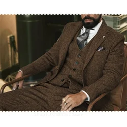 3 Piece(Jacket +Vest +Pants) Gray Wool Tweed Winter Men Suit's For Wedding Herringbone Male Formal Groom Tuxedo Fashion