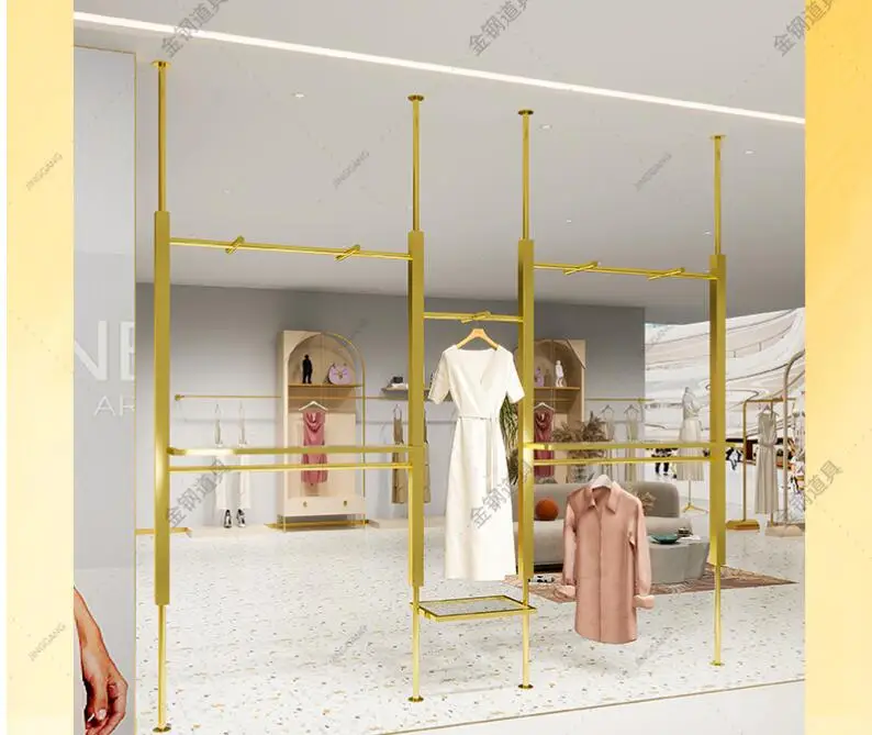 

Clothing store display rack column on the wall stainless steel titanium gold hangers children installed store special display