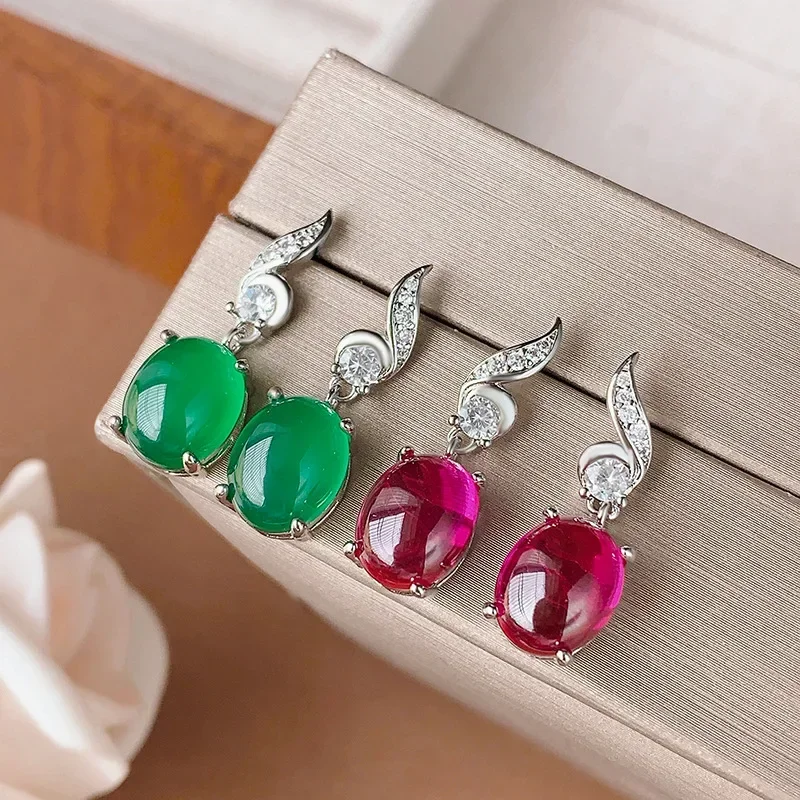 

Elegant Women Oval Gemstone Drop Earrings with Sparkling CZ Accents Available in Green Red Jewelry Perfect for Parties and Gifts