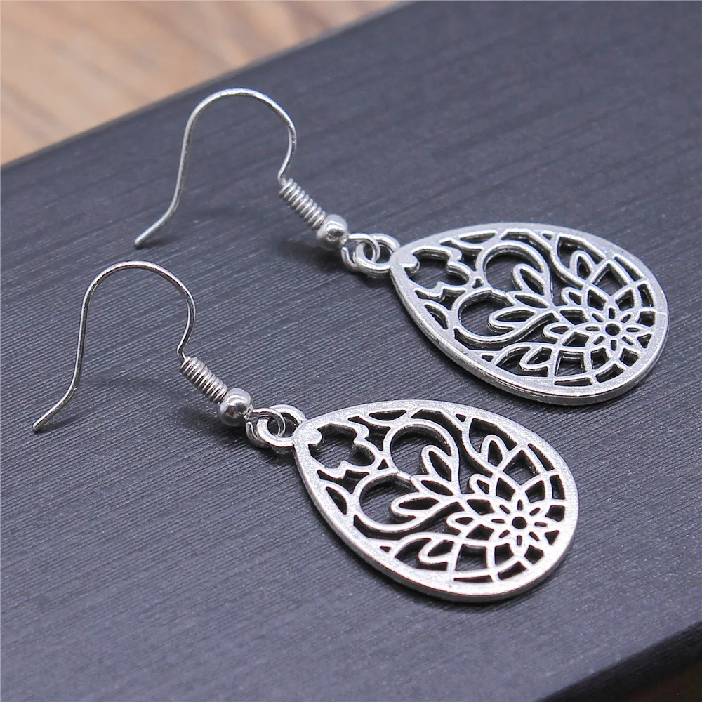 Fashion Handmade Antique Silver Color Drop-Shaped Hollow Pattern Earrings Making Pendant Earrings Vintage Drop Earrings