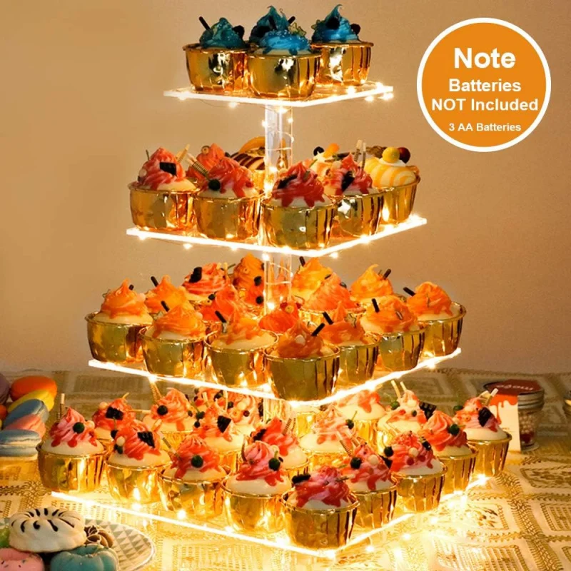 

4 Tier Acrylic Cupcake Stand with LED Lights Premium Dessert Display Tower for Wedding Birthday Party Decor 12LB Capacity