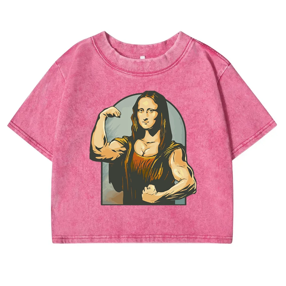 تي شيرت قطني مطبوع للإناث ، ملابس لياقة بدنية كلاسيكية ، ملابس ضيقة ، قمصان رياضية رائعة ، لعب الناس على مونا ليزا ، الصيف