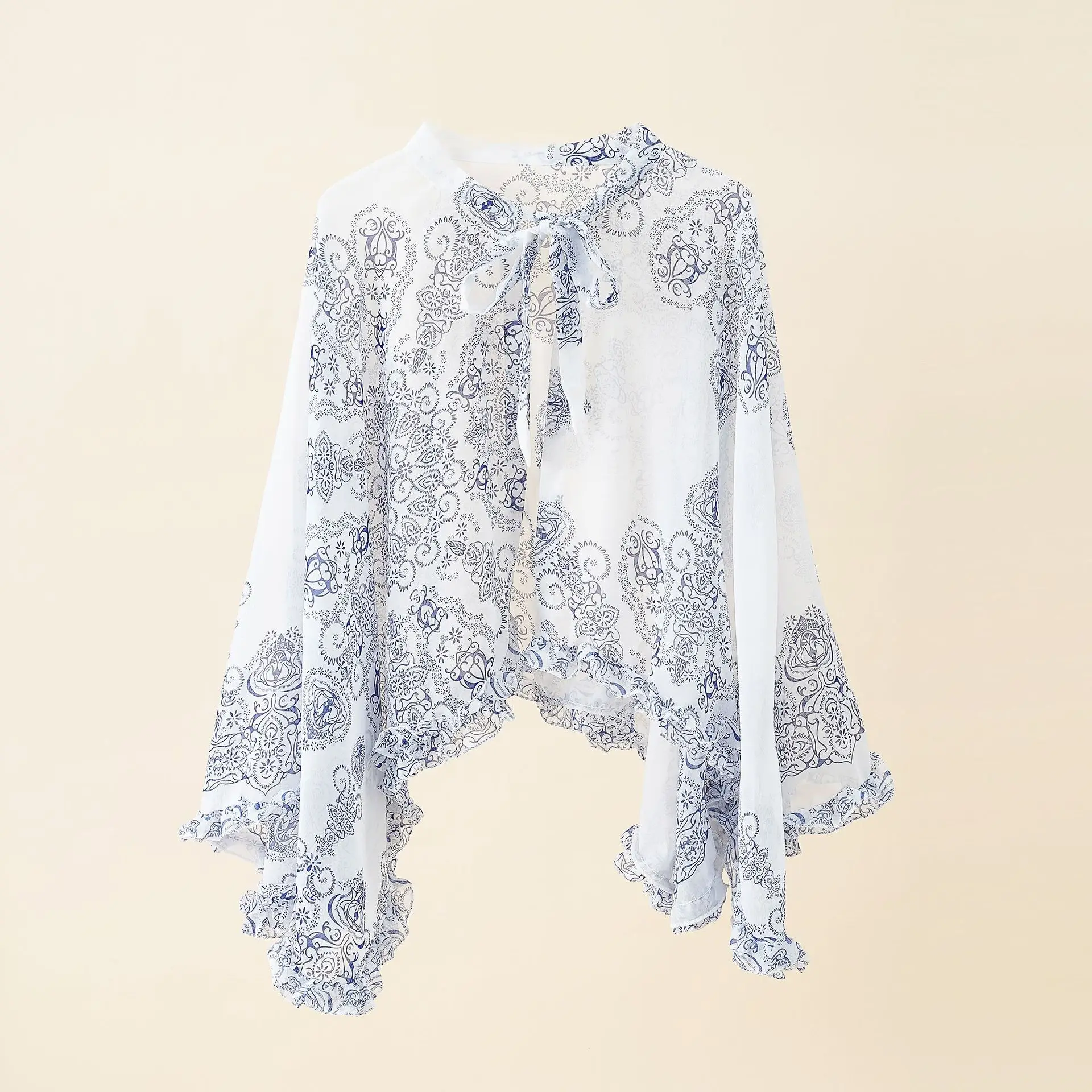 

2022 Spring Summer New Flower Print Lace Up Shawl Ruffle Edge Pullover Women Cloak Sunscreen Lady Poncho Capes White