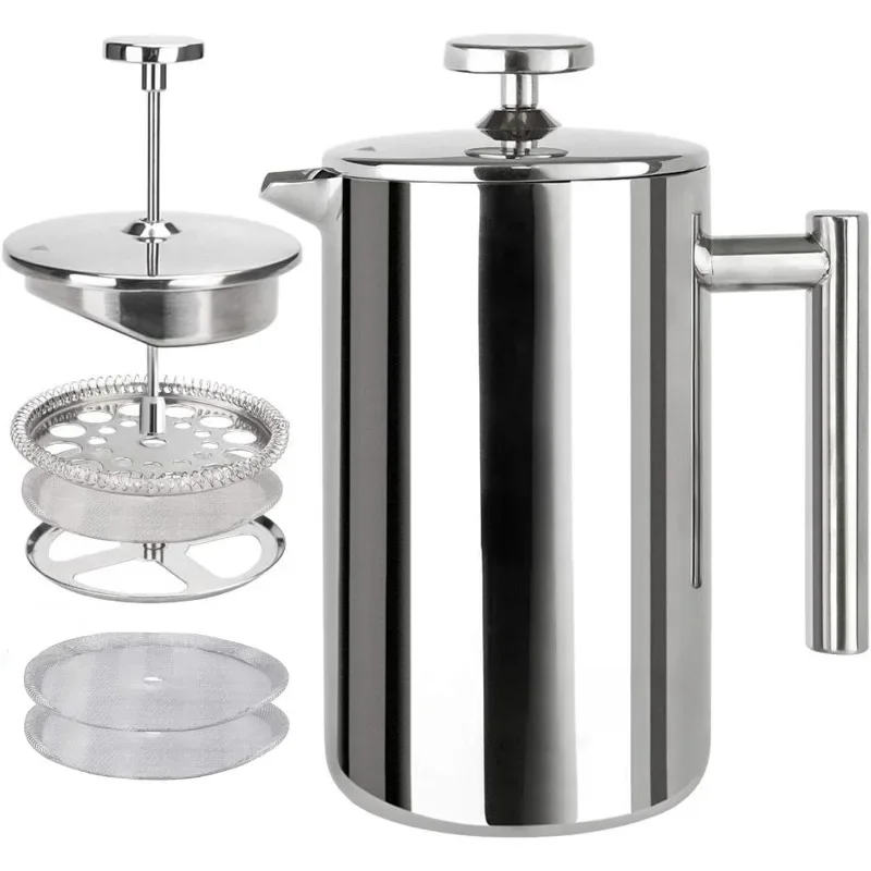 

French Press Coffee Maker, 304 Grade Stainless Steel Insulated Coffee Press with 2 Extra Screens, 17oz (0.5 Litre), Silver