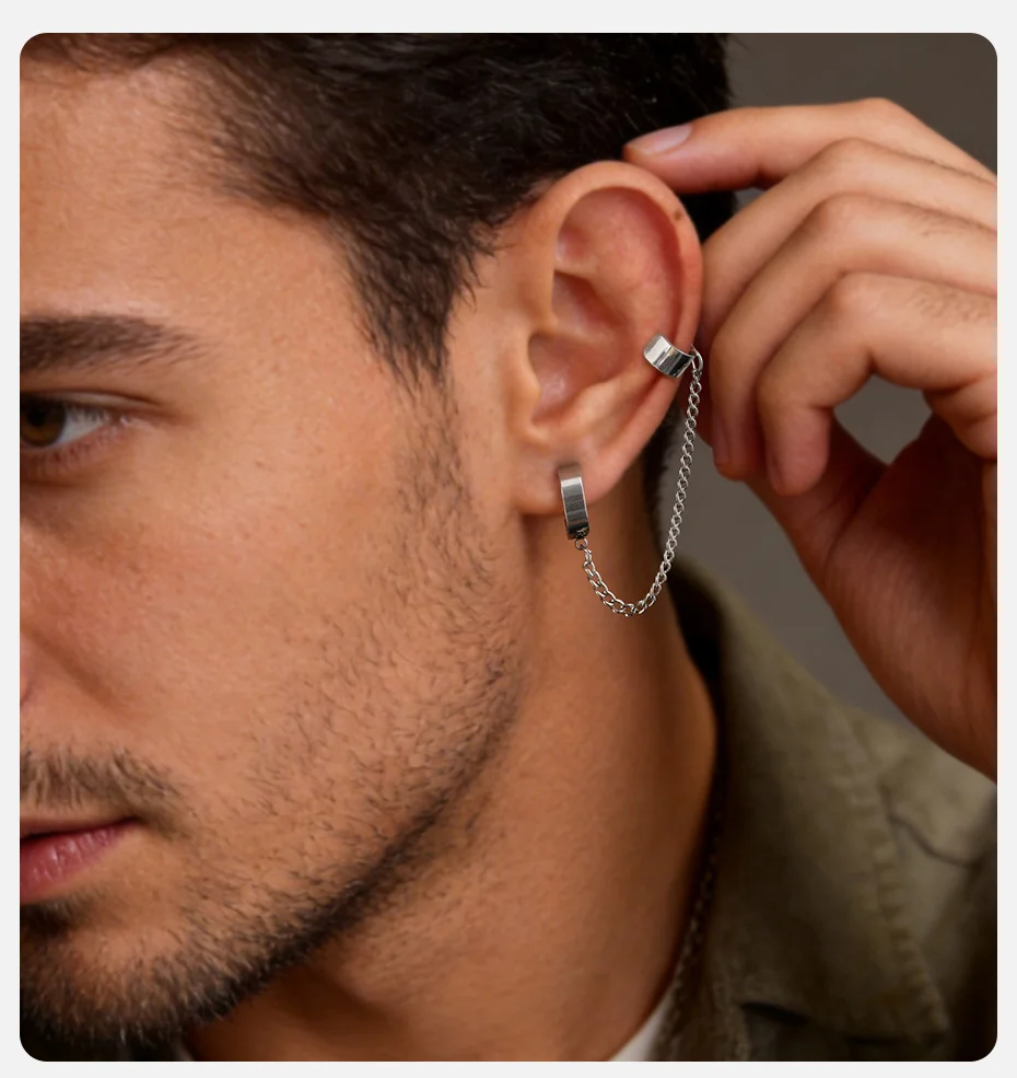Vnox Edelstahl-Ohrringe mit geometrischer Kette für nicht durchbohrte oder durchstochene Ohren, silberfarbener Clip-On-Ohrmanschettenring, Unisex-Schmuck, neu – Detail 2