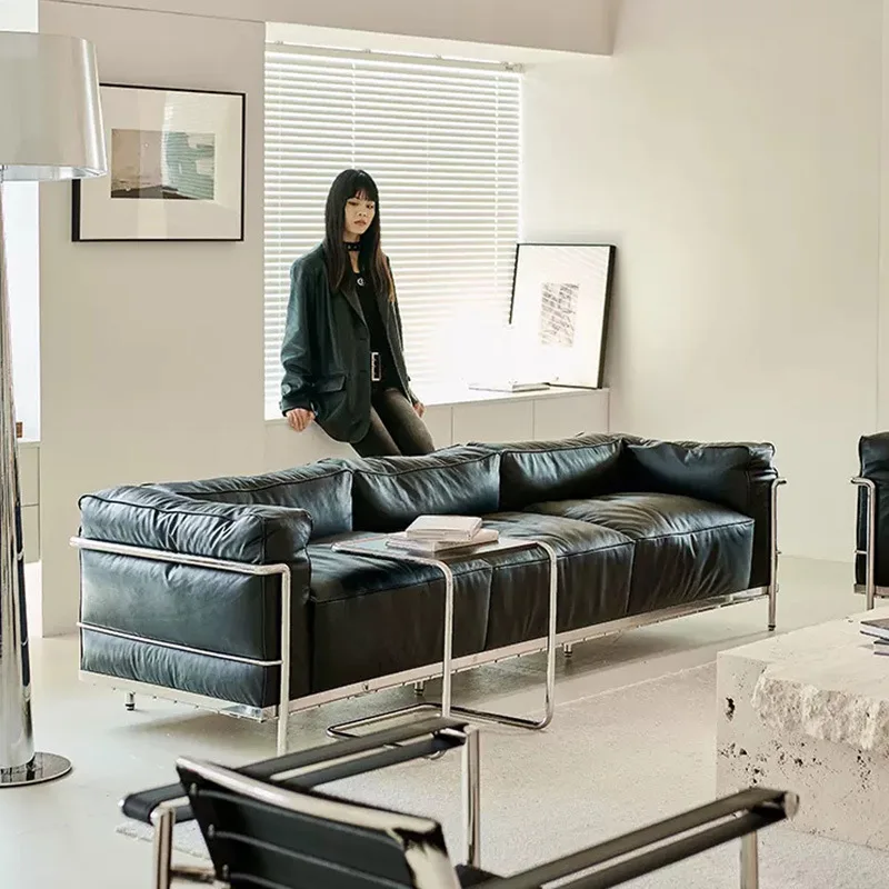 

Leather sofa medieval designer living room Italian minimalist straight row sofa combination