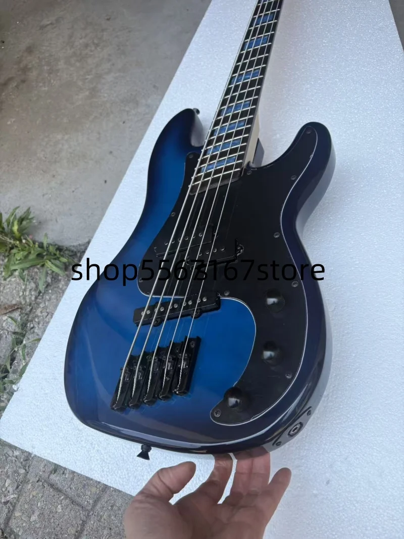 Customized 5-string bass, rosewood fan-shaped fretboard, blue square inlays, black hardware, free delivery