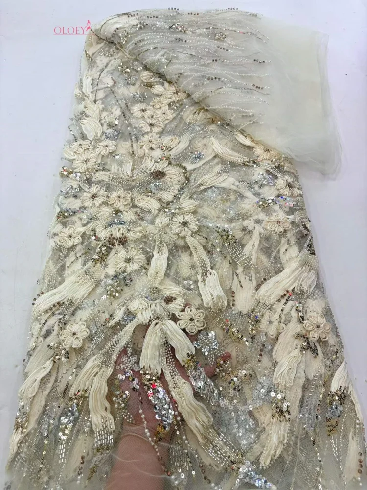 

OLOEY High-Quality Luxury Beaded African Lace Fabric with Sequins Embroidery French Lace Latest Design for Nigerian Sewing