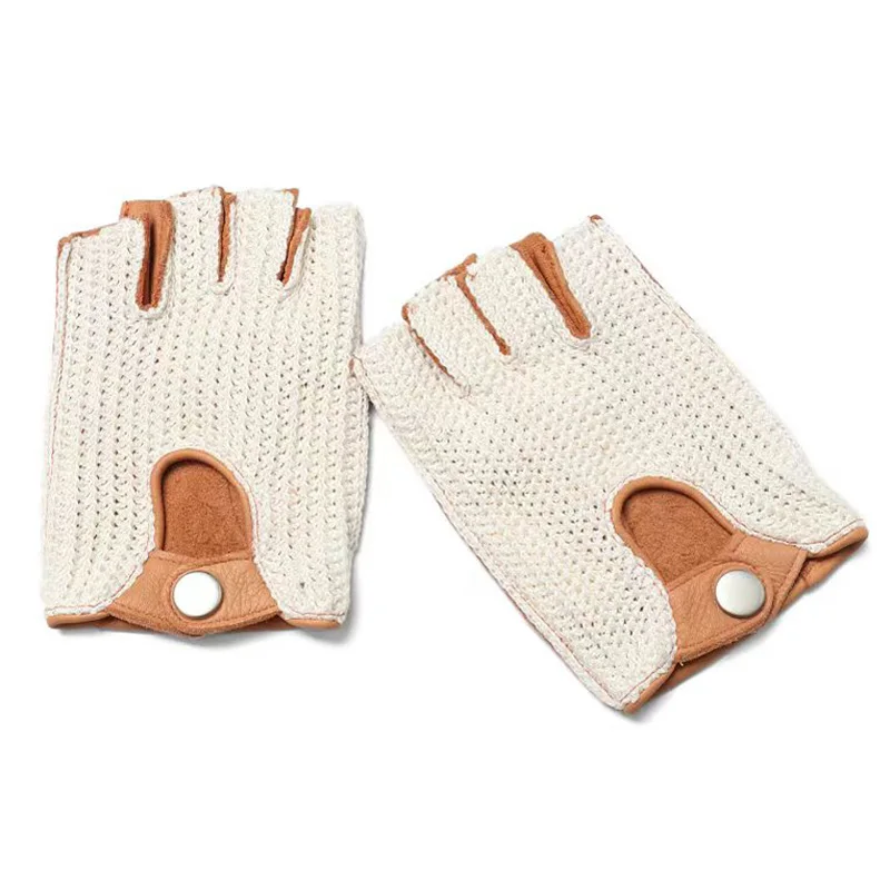 Men Air Soft Deerskin Leather Gloves Male Locomotive Upper Knitted Outdoor Cycling Riding Fingerless Luvas Unlined Gym Guantes