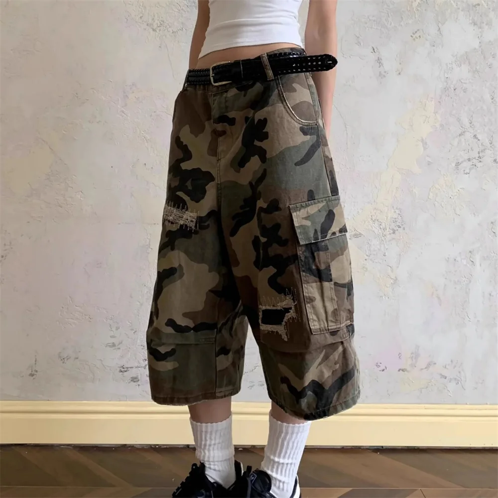 Pantaloncini di jeans mimetici americani retrò streetwear Tasche a vita alta da donna Hip Hop 2025 Jeans corti casual Y2K Grunge